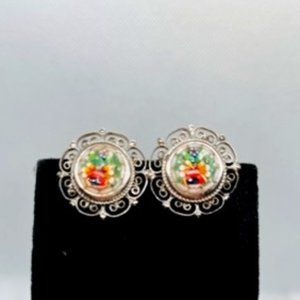 Vintage floral clip-on earrings with filigree border
